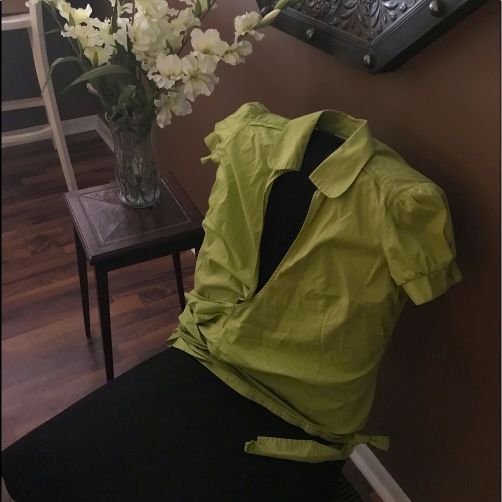 Lime green collared button down wrap tie blouse